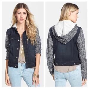 Free People mixed distressed dark blue denim jacket blue hoodie sweatshirt